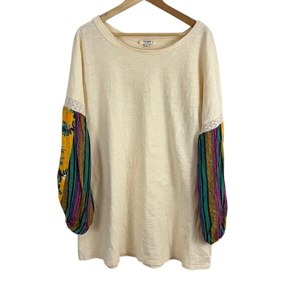 Umgee Cream Tunic Dress Floral Puff Sleeves Medium Boho Festival Size XL - Picture 2 of 12